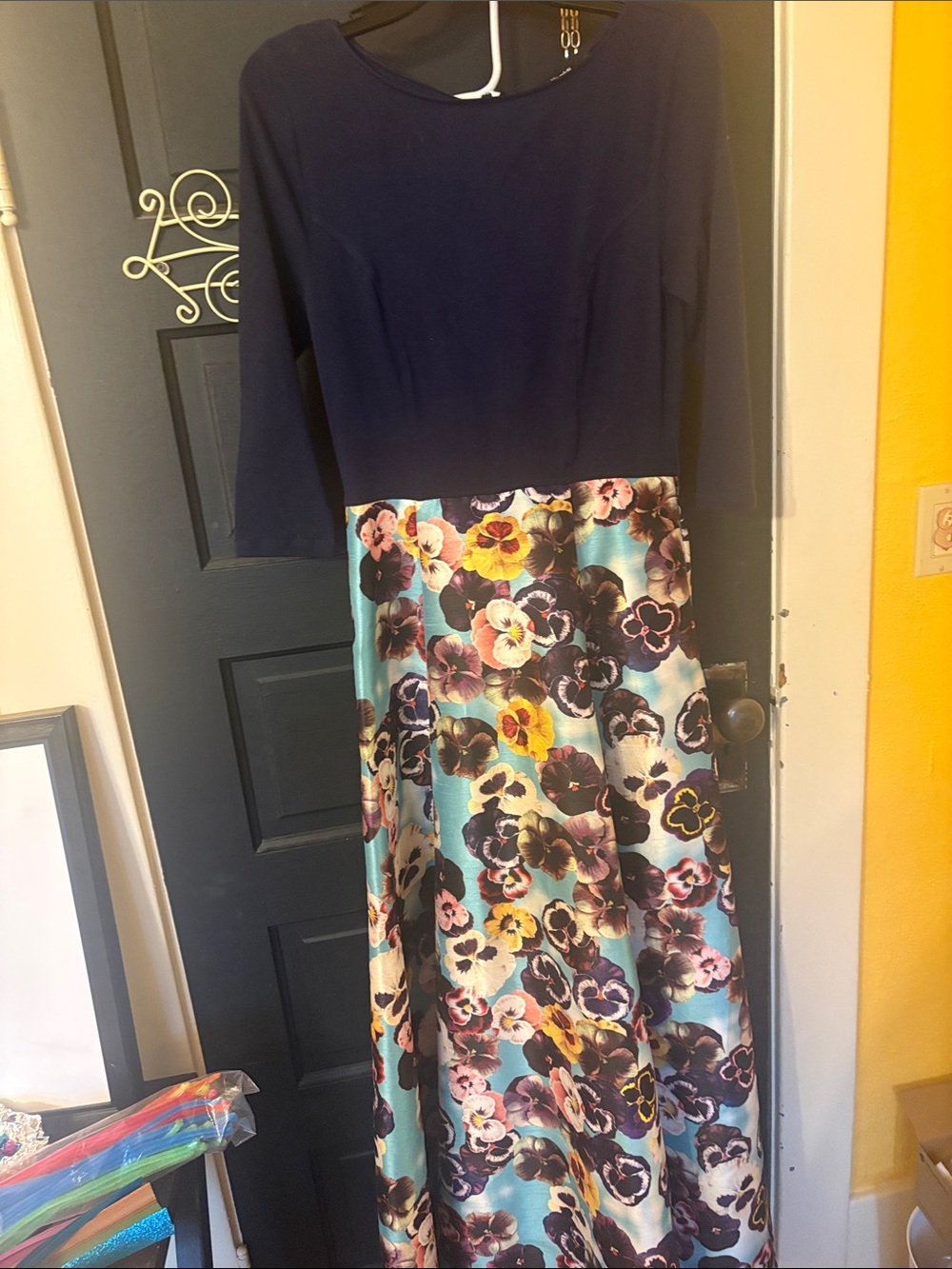 eshakti Navy Top with Teal Floral Maxi Skirt